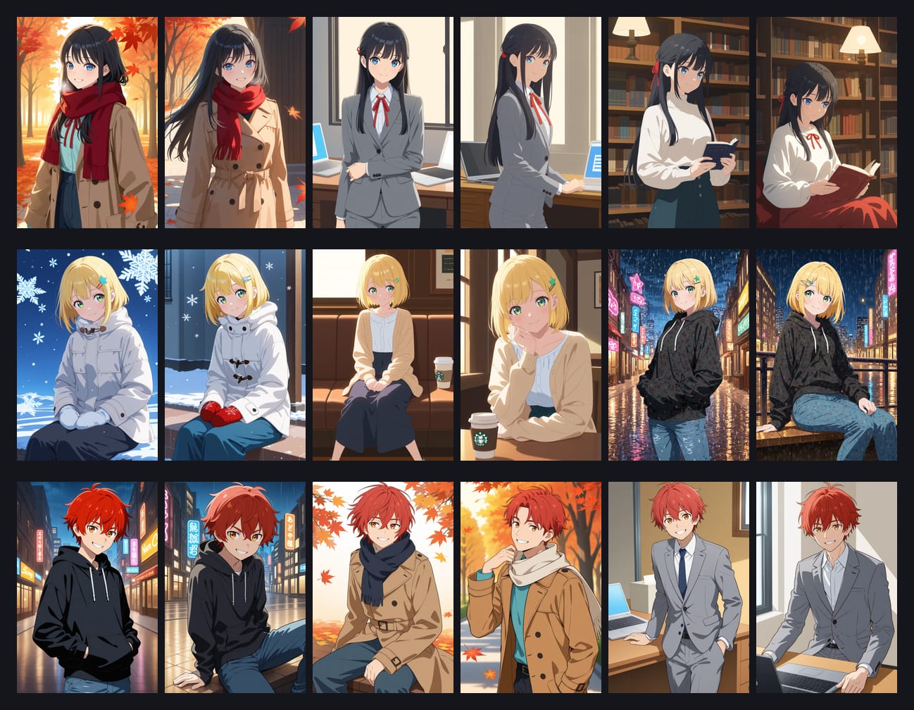 Anime images sorted by character: each row is one character across different scenes and outfits